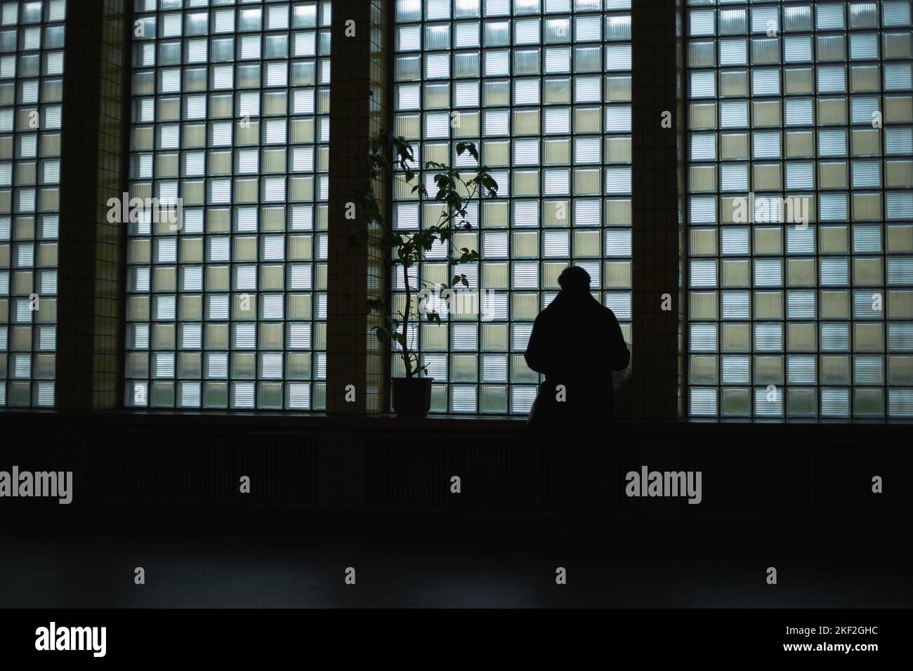 Silhouette eines Mannes vor dem Hintergrund eines großen Fensters Stockfoto