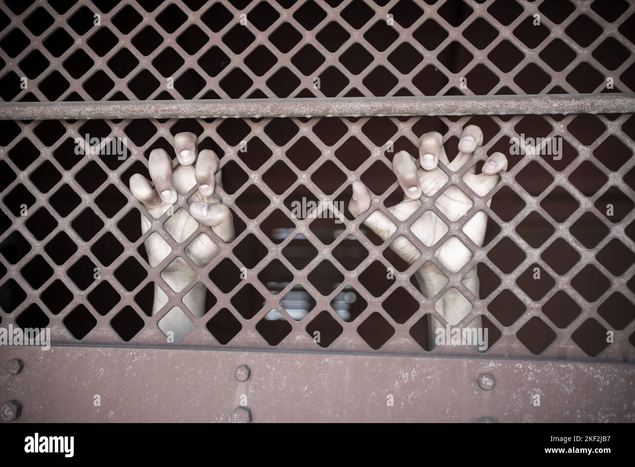 Nahaufnahme eines Mannes in den Händen von Behind Hold Steel Käfiggefängnissen. Straftäter im Gefängnis eingesperrt. Stockfoto