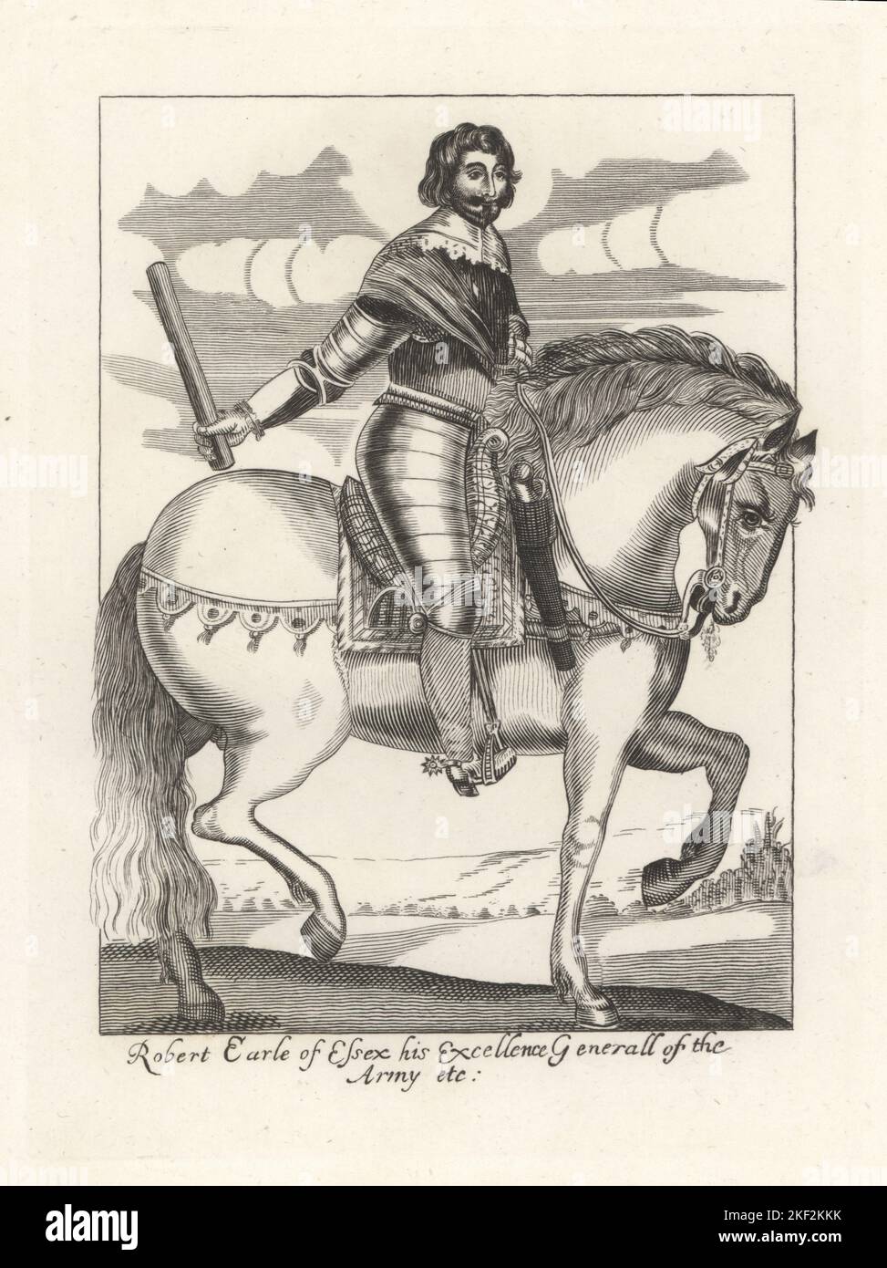 Robert Devereux, 3. Earl of Essex, Parlamentarischer General, 1591-1646. Zu Pferd mit Schlagstock, in Spitzenkragen und Schärpe, Brustpanzer und Plattenpanzerung, Stiefel mit Spornen, mit Pistole bewaffnet. Aus dem einzigartigen Pferdedruck in Earl Spencer's Clarendon, 1640s. Kupferstich aus Samuel Woodburns Galerie für seltene Porträts, bestehend aus Originalplatten, George Jones, 102 St Martin’s Lane, London, 1816. Stockfoto