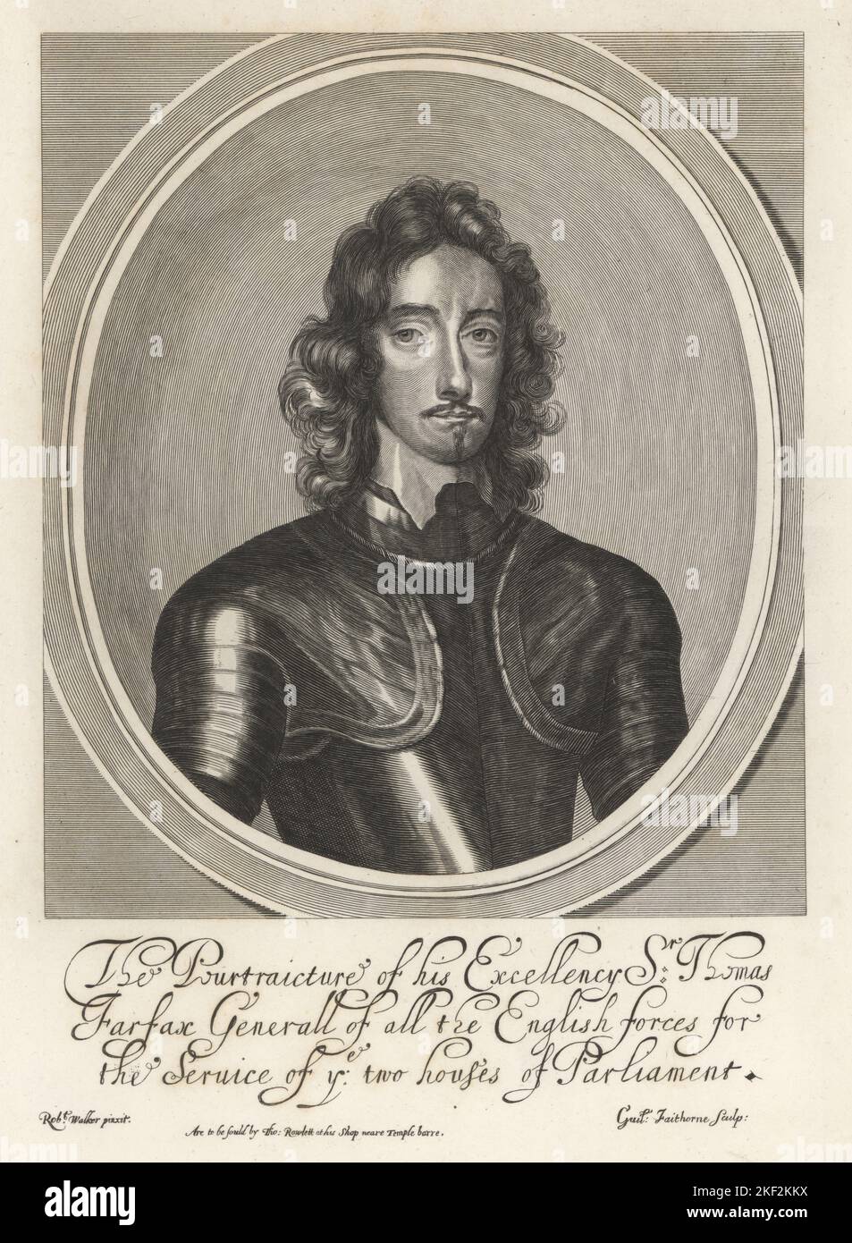 Sir Thomas Fairfax, Parlamentarischer General, 1612-1671. Siegreich bei den Schlachten von Selby und Naseby, Kommandant der Armee des neuen Modells. Ovales Porträt im Kragen und Rüstung. Kupferstich von William Faithorne nach einem Bild von Robert Walker. Verkauft von Thomas Rowlett in seinem Geschäft in der Nähe von Temple Bar. Kupferstich aus Samuel Woodburns Galerie für seltene Porträts, bestehend aus Originalplatten, George Jones, 102 St Martin’s Lane, London, 1816. Stockfoto