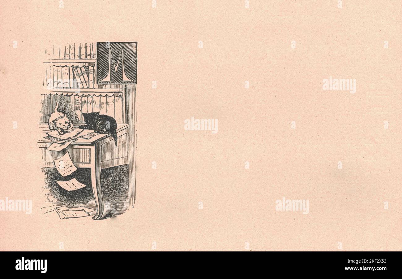 Die schwarz-weiße antike Illustration zeigt ein wenig schelmische Kätzchen, die mit einem Papierkram auf einem Schreibtisch spielen. Vintage Marvelous Illustration zeigt ein wenig schelmische Kätzchen, die mit einem Papierkram auf dem Schreibtisch spielen. Altes fabelhaftes Bild aus dem Märchenbuch. Storybook Illustration veröffentlicht 1910. Von den frühen 1800s Zeitungen, Massenmarktzeitschriften und Bildbänden waren die dominierenden Verbrauchermedien in Europa und der Neuen Welt geworden. Im 19.. Jahrhundert haben die Entwicklungen in der Drucktechnologie die Illustratoren dazu gebracht, mit Farb- und Rendering-Techniken zu experimentieren. Diese Entwicklungen im Druck af Stockfoto