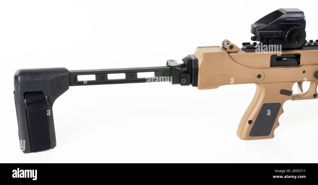 Klappbare Pistolenstütze auf Maschinenpistole. Stockfoto