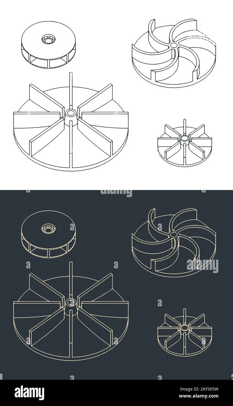 Stilisierte Vektordarstellung isometrischer Blaupausen von Wasserpumpenlaufrädern isometrische Blaupausen Set Stock Vektor
