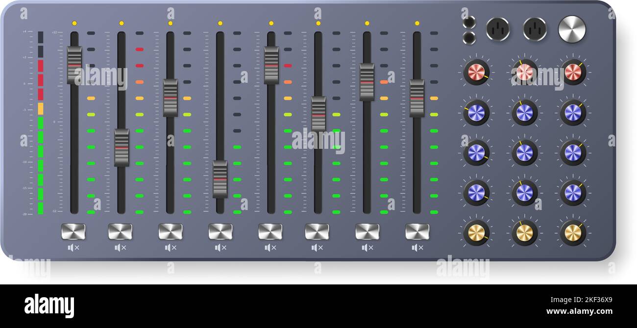 Audio-Mischpult. Multitrack Mixing Controller, Schallpegelregler Panel mit Reglern und Drehknöpfen Vektorgrafik Stock Vektor
