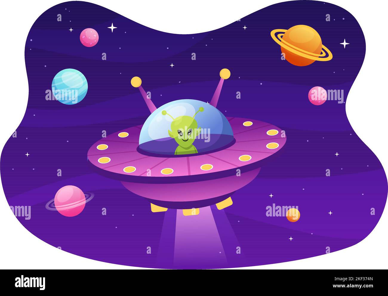 UFO fliegendes Raumschiff mit Lichtstrahlen in Sky Night City View und Alien in Flat Cartoon Handgezeichnete Vorlagen Illustration Stock Vektor