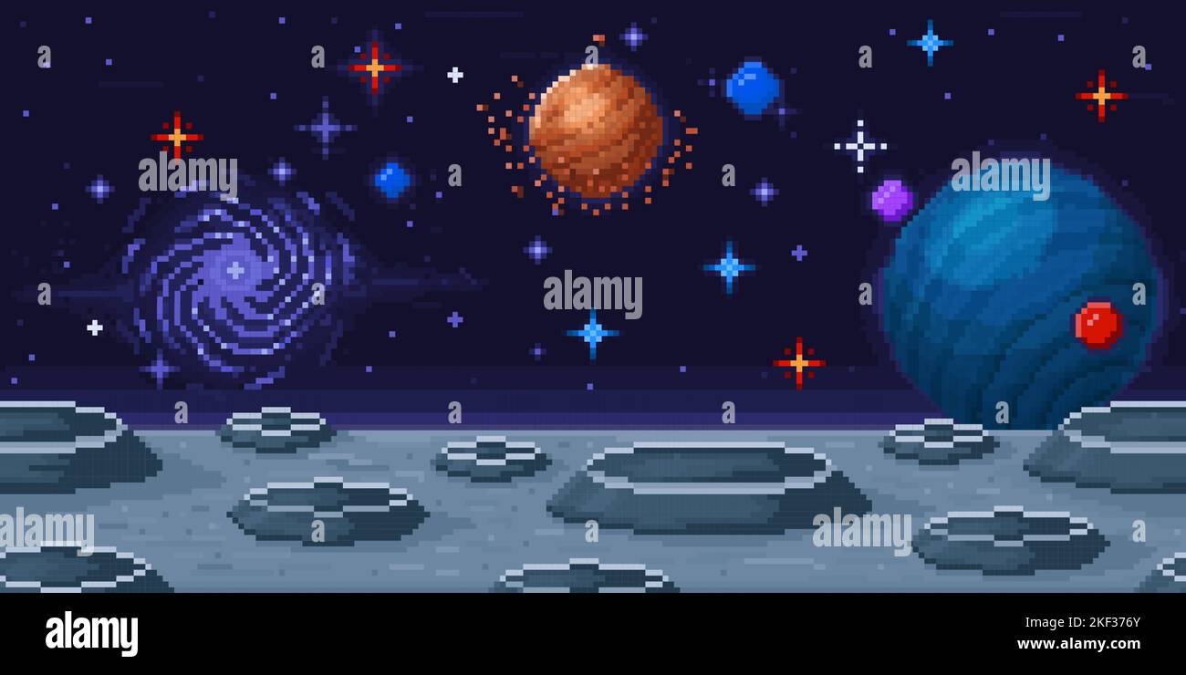 Pixel Art Planetenoberfläche. Space Arcade 8-bit Videospiel Lage, Mondlandschaft und Galaxie Himmel Vektor Hintergrund Illustration Stock Vektor