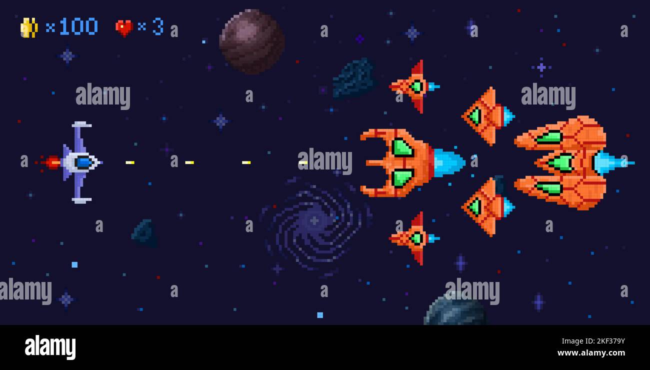Space Battle Arcade-Spiel Ebene. Pixel Art galaktische Schlacht, Verteidiger Raumschiff und pixelige ufo-Feinde Vektor Illustration Stock Vektor
