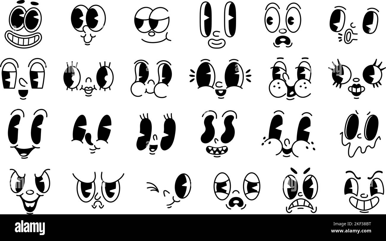 Retro 1930s Cartoon Gesichter. Alte lustige Maskottchen Mimik, Mund und Augen mit verschiedenen Emotionen für Charaktere Vektor-Set Stock Vektor