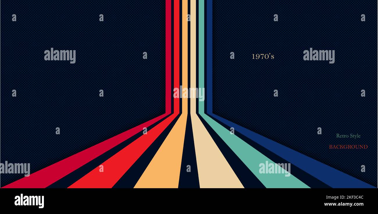 Dunkelnavy Hintergrund im Retro-Stil mit farbenfrohen perspektivischen Streifen im Vintage-Design Stock Vektor