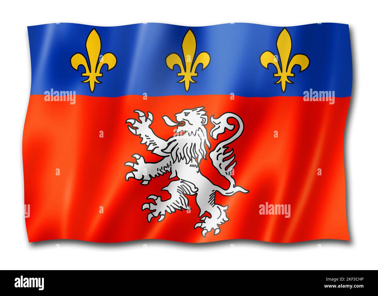 Flagge von Lyon, Frankreich winkende Bannersammlung. 3D-Darstellung Stockfoto