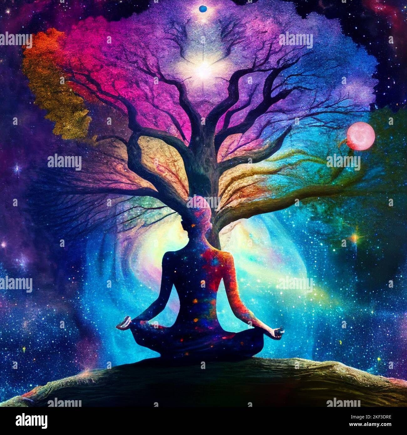 Tree Spirit Meditation, Ökologie Reflexion, Mensch und Baum verflochten, Hintergrund von Galaxien und Nebel, mystische Konzentration, Hingabe und Frieden Stockfoto