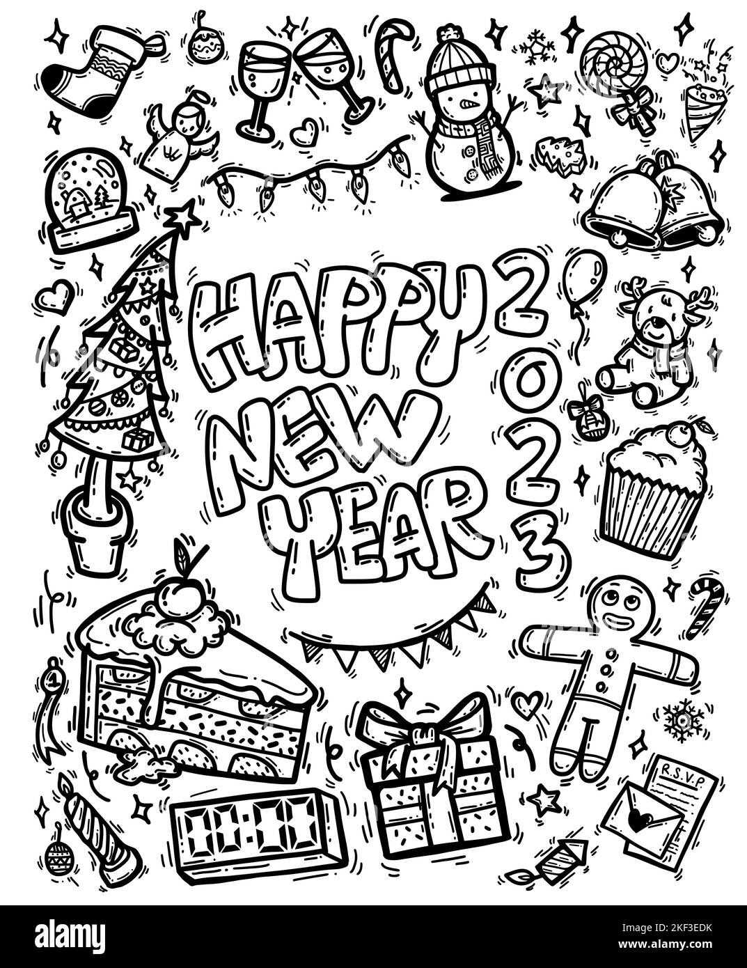 Nette Zeichnung Doodle Cartoon glückliches neues Jahr 2023 Thema. vektor-Umriss Hand für Dekorationen Weihnachten und Neujahr Party gezeichnet , einschließlich Ornament Stock Vektor