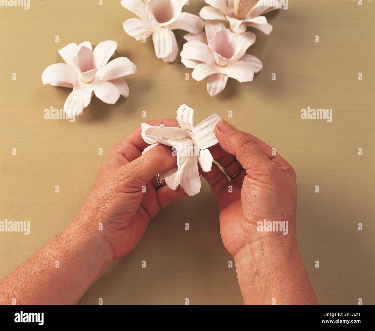 Kleben von zwei Teilen einer Eierkartonblume Stockfoto