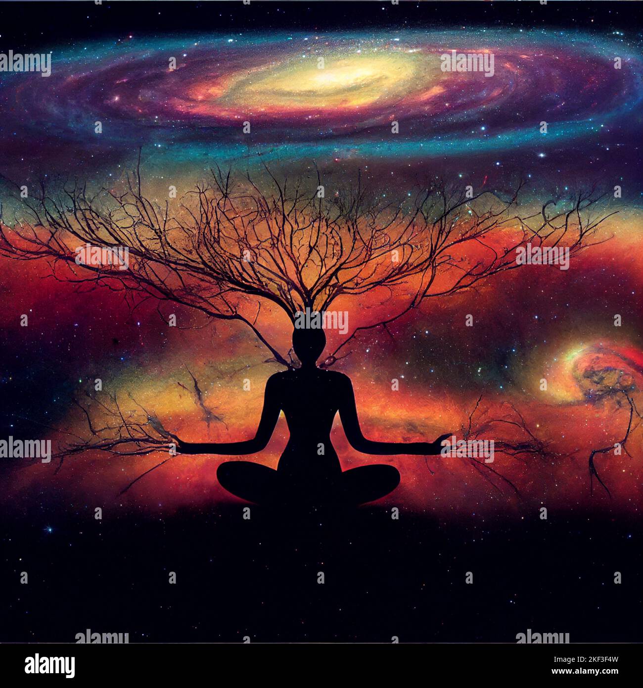 Tree Spirit Meditation, Ökologie Reflexion, Mensch und Baum verflochten, Hintergrund von Galaxien und Nebel, mystische Konzentration, Hingabe und Frieden Stockfoto