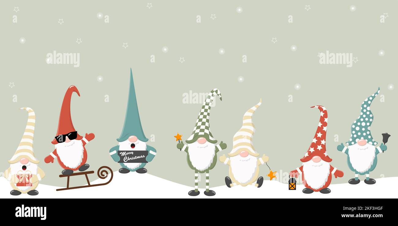 eps-Vektor-Illustration mit weihnachtsgnomen mit verschiedenen Zeichen für Weihnachten und Winterzeit Konzepte, fallende Schneeflocken auf grün gefärbten Rücken Stock Vektor