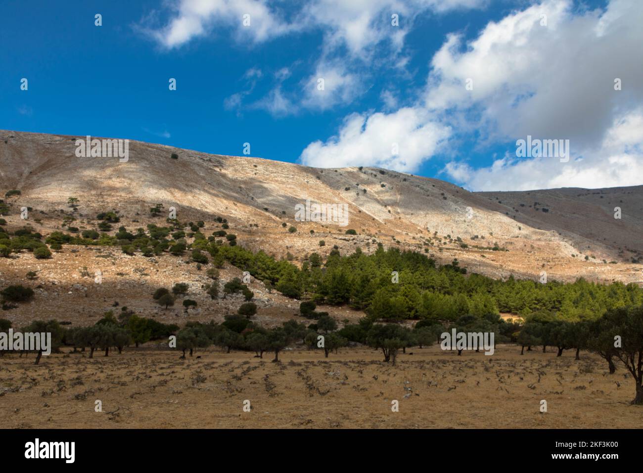 Panoramablick auf den Berg Attavyros. Ist der höchste Berg auf der Insel Rhodos im Dodekanes in Griechenland. Im Süden des Dorfes Embonas. Stockfoto