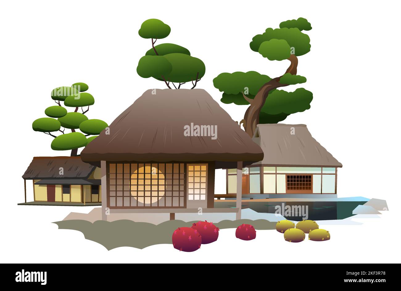 Traditionelles japanisches Haus. Kleines Dorf. Ländliche Wohnung mit Strohdach. Illustration Vektor Stock Vektor