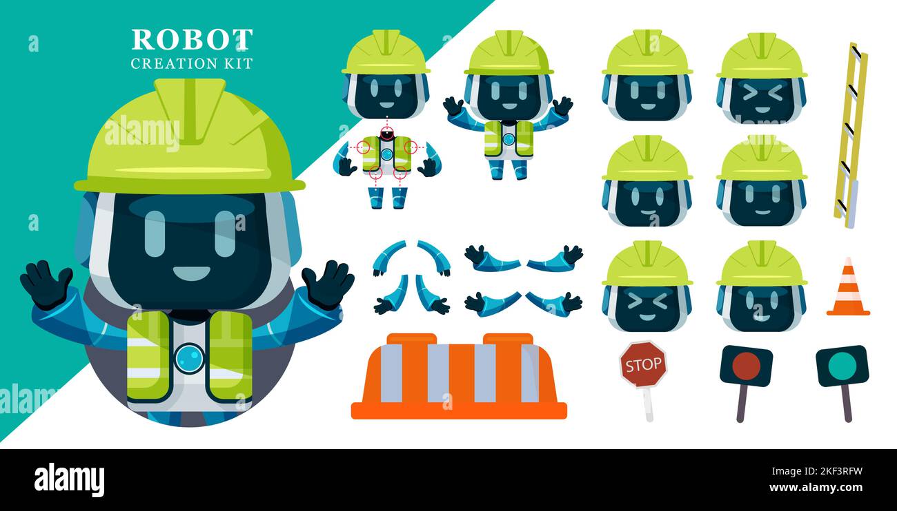 Robotererstellungskit Vektorset-Design. Roboter Verkehr Enforcer mit editierbaren Charakter-Kit aus Armen, Beinen und Kopfteilen für Pose und Geste ai Schöpfer. Stock Vektor