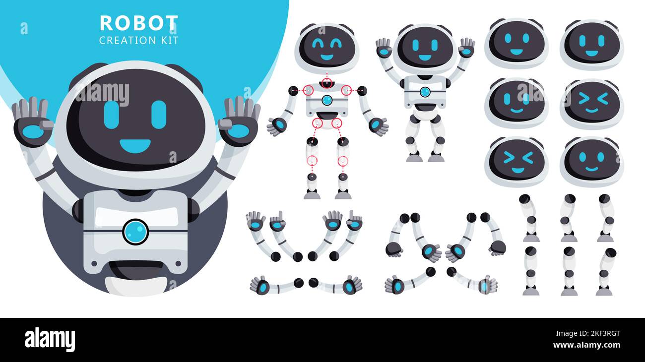 Roboter Charakter Ersteller Kit Vektor-Set. Roboter editierbaren Charakter mit Pose und Gesten von Armen, Beinen und Kopf für Körperteile Erstellung Design. Stock Vektor