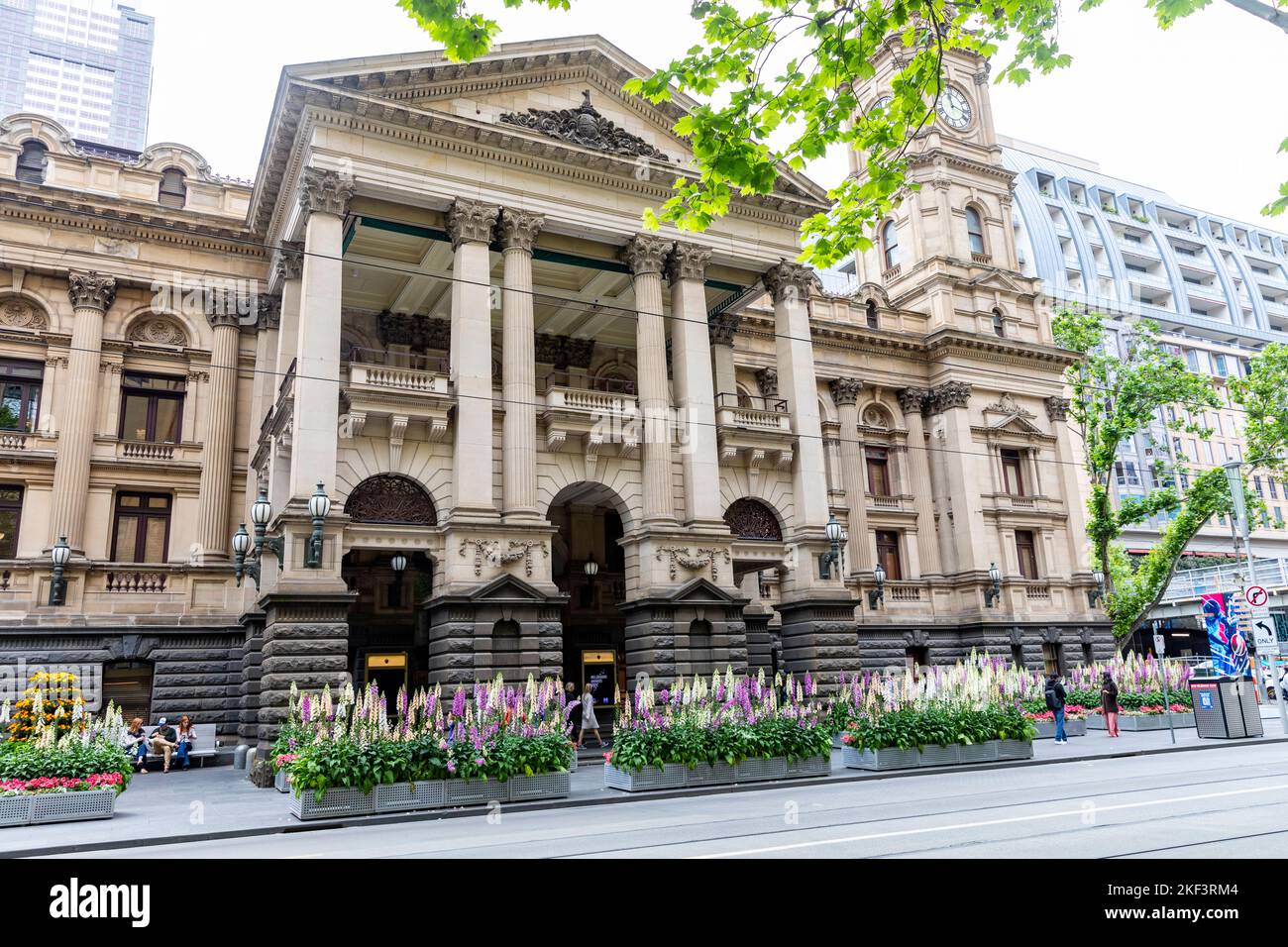 Melbourne Victoria Town Hall Building in Swanston Street, mit Frühlingsblumen außerhalb von Victoria, Australien Stockfoto