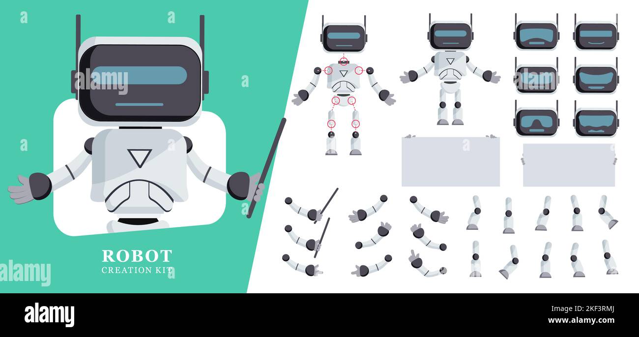 Robotererstellungs-Kit Vektor-Set-Design. Roboter Lehrer editierbaren Charakter mit Kopf, Arme, Beine und Whiteboard-Elemente für die Präsentation ai Schöpfung. Stock Vektor