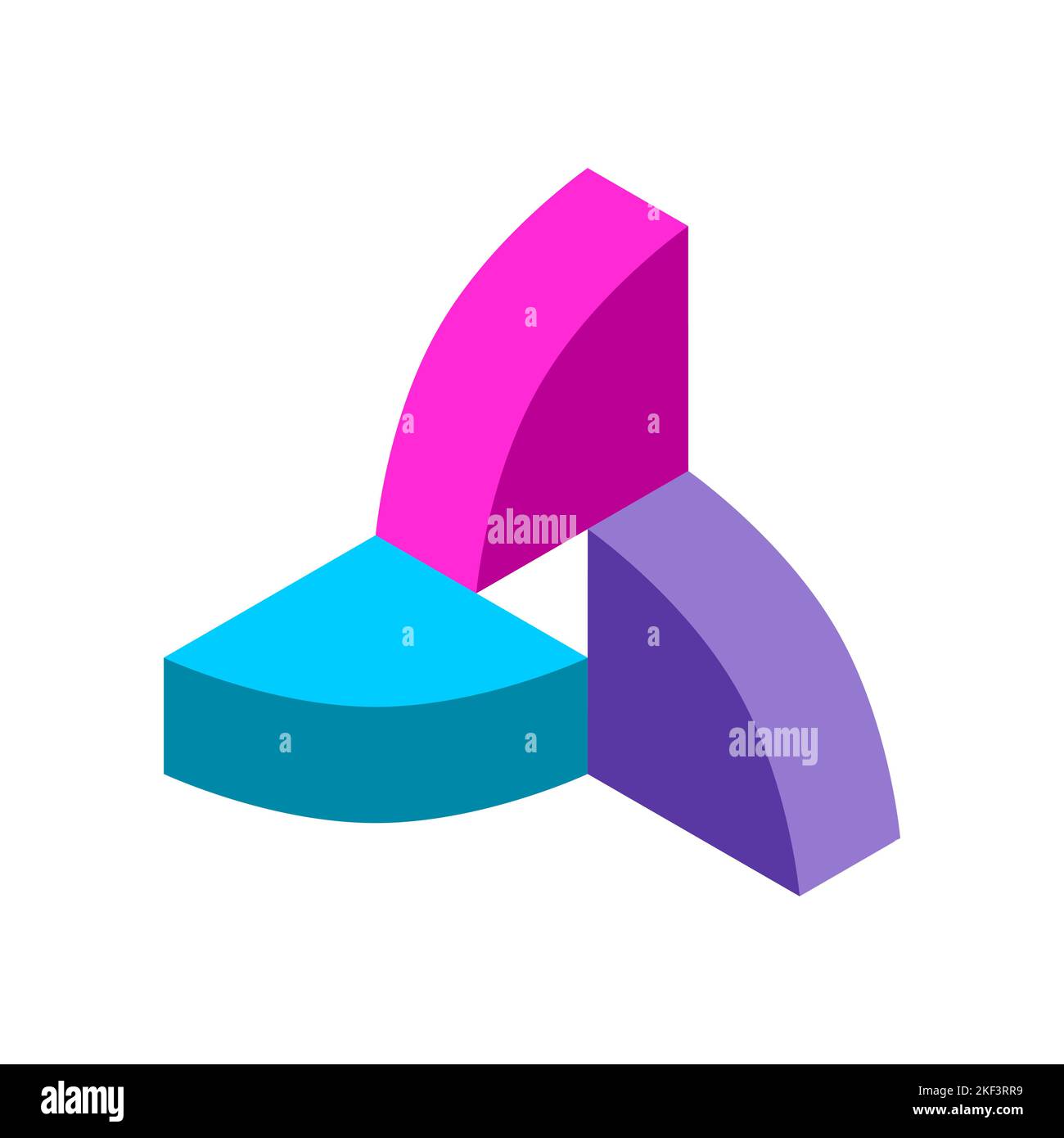 Bunte 2D Logo Design Vorlage. Viertel eines Kreises kreative Form. Isometrische rosa, blaue und violette Elemente bilden eine Vereinigung. Mathematik. Vektor Stock Vektor