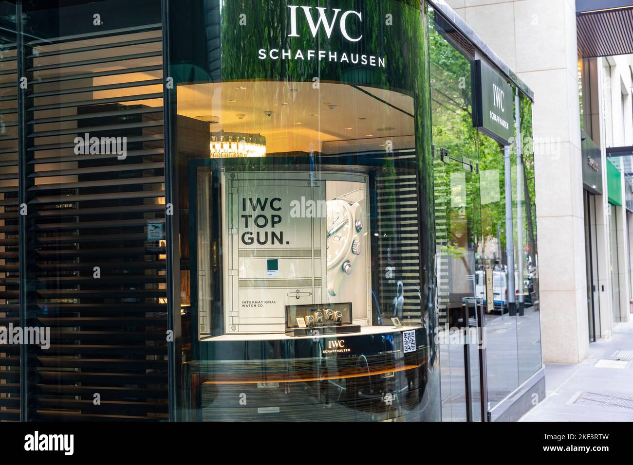 IWC Schaffhausen Uhren und das IWC Uhren-Boutique-Geschäft in der Collins Street, im Stadtzentrum von Melbourne, Victoria, Australien Stockfoto