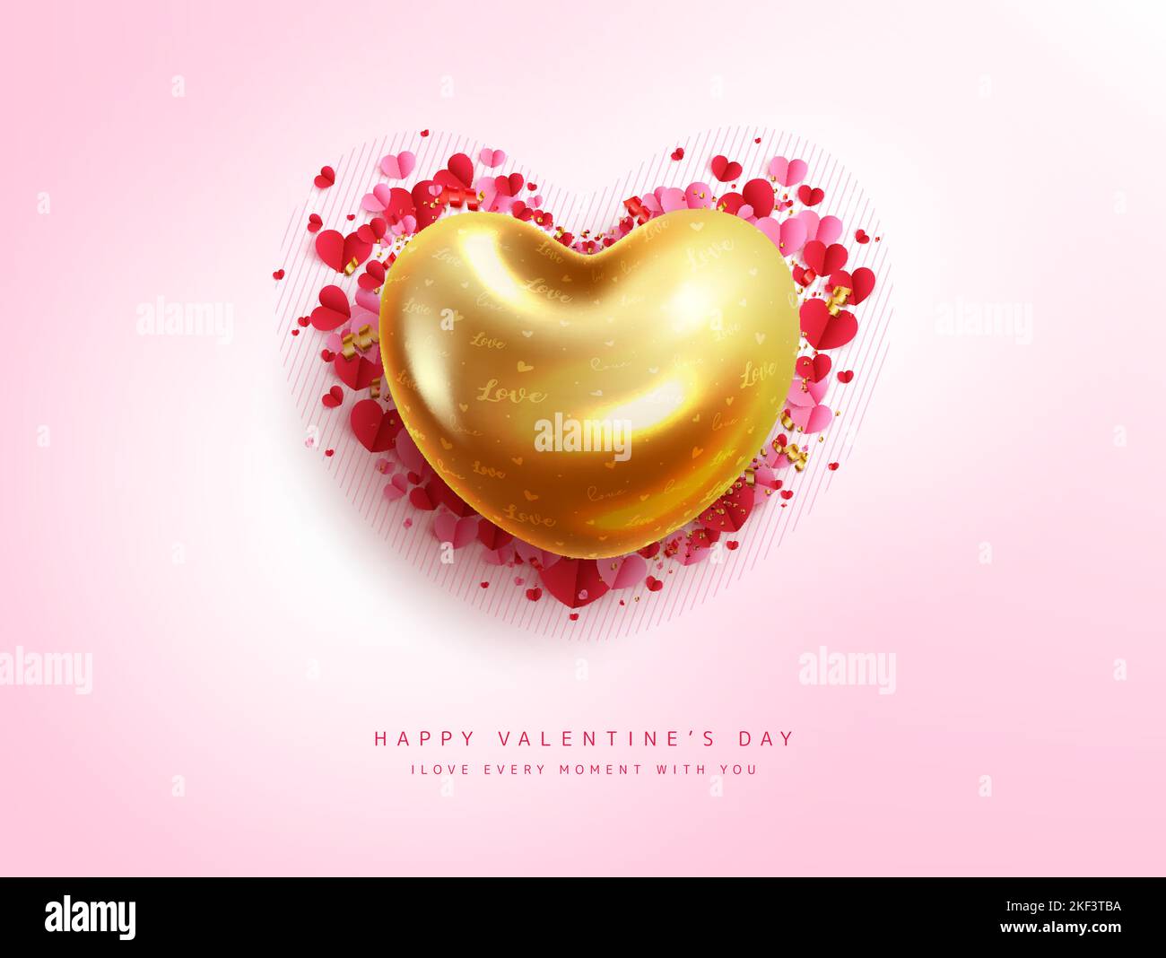 Alles Liebe zum valentinstag Text Vektor-Design. Valentinstag mit Herz-Metallic-Gold und Papier geschnitten Element Dekoration für Grußkarten-Design. Stock Vektor