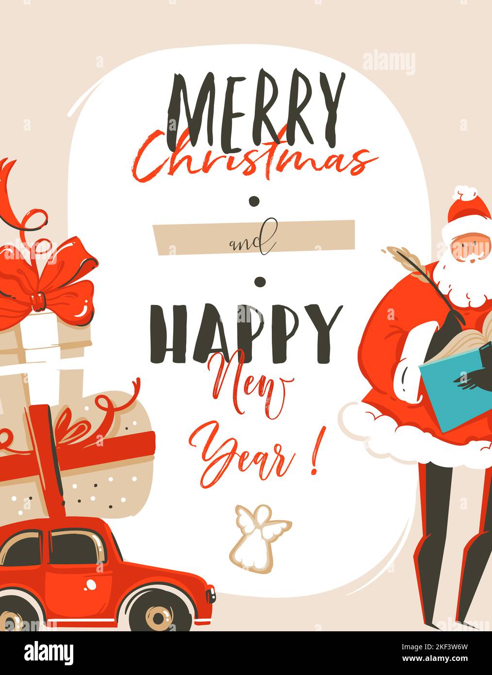 Hand gezeichnet Vektor abstrakt Spaß Frohe Weihnachten Zeit Cartoon Illustration Grußkarte Tag mit Weihnachtsmann, Auto, Überraschung Geschenkboxen und besten Wünschen Stock Vektor