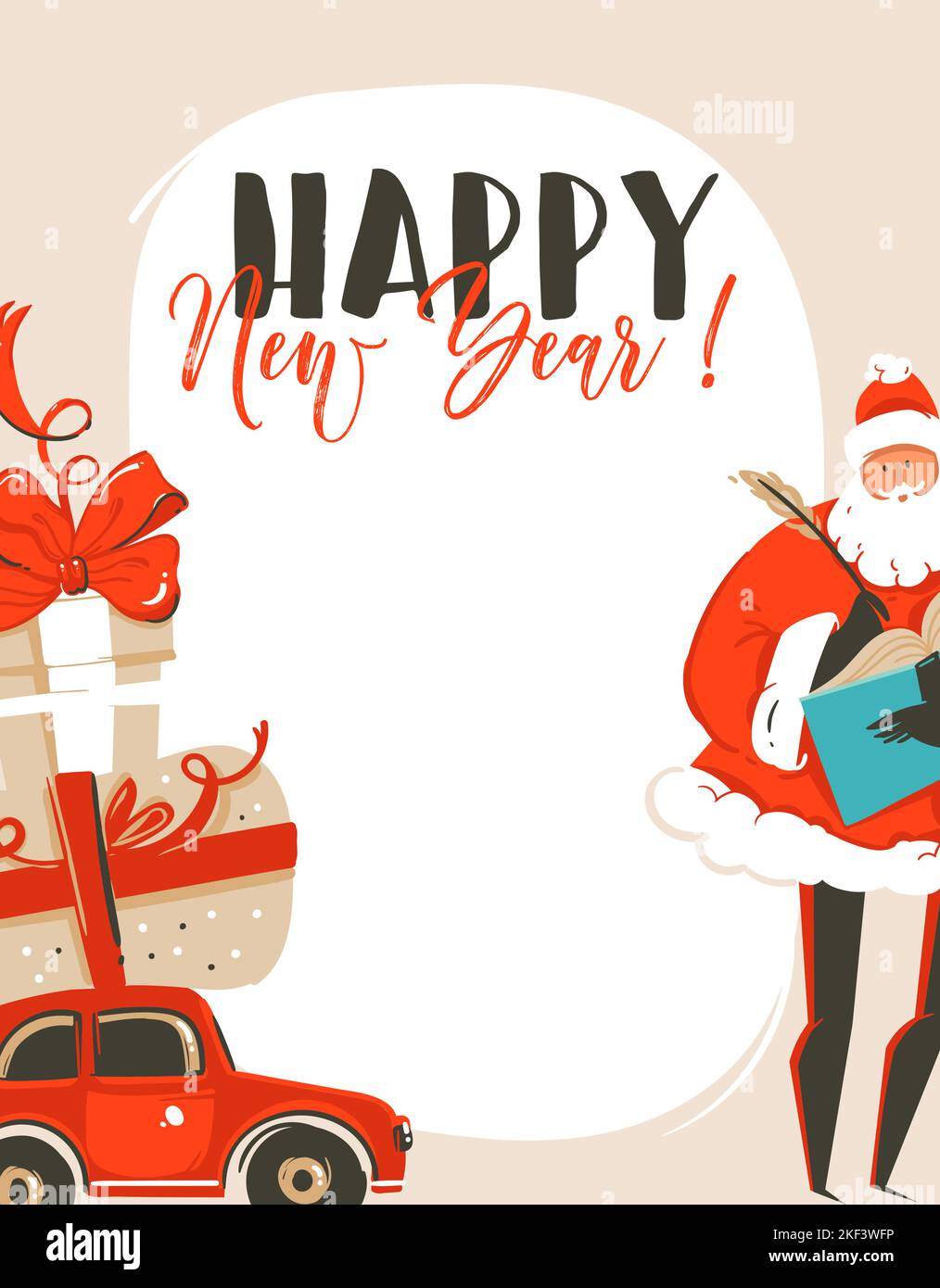 Hand gezeichnet Vektor abstrakt Spaß Frohe Weihnachten Zeit Cartoon Illustration Grußkarte Tag mit Weihnachtsmann, Auto, Überraschung Geschenk-Boxen und glückliches neues Jahr Stock Vektor
