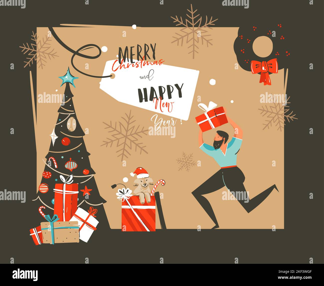 Handgezeichnete Vektor abstrakt Happy New Year Time Cartoon Illustrationen Retro-Karte mit Weihnachtsbaum, Überraschung Geschenkboxen, Säugetier Hund und lustigen Mann isoliert Stock Vektor