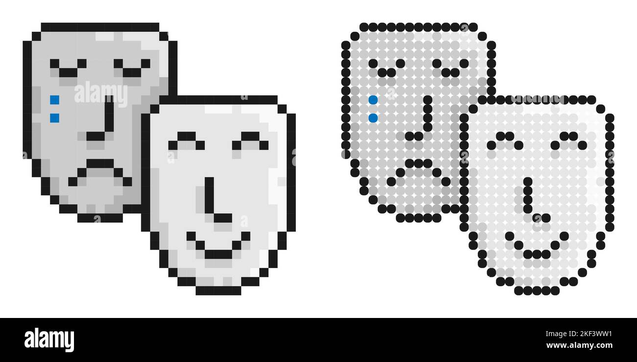 Pixelsymbol. Comedy und tragische Theatermasken zusammen. Theaterpremieren, Zirkusposter. Einfache Retro-Spiel Vektor isoliert auf weißem Hintergrund Stock Vektor