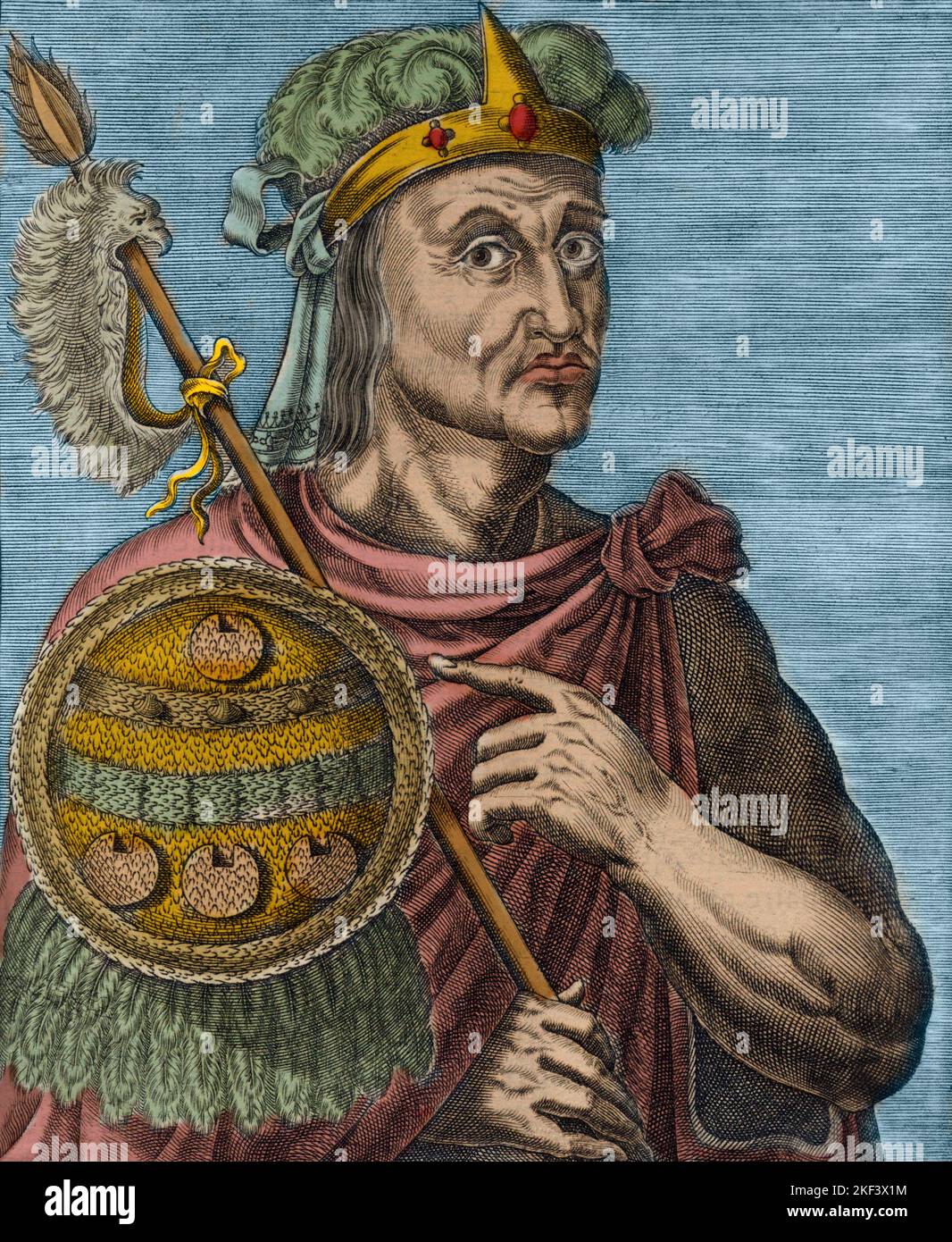 Montezuma II roi azteque - Portrait de Moctezuma II (Montezuma ou Motecuzoma Xocoyotzin - 1480-1520 - Montezuma II (1480-1520) Gravieren nach Thevet Stockfoto