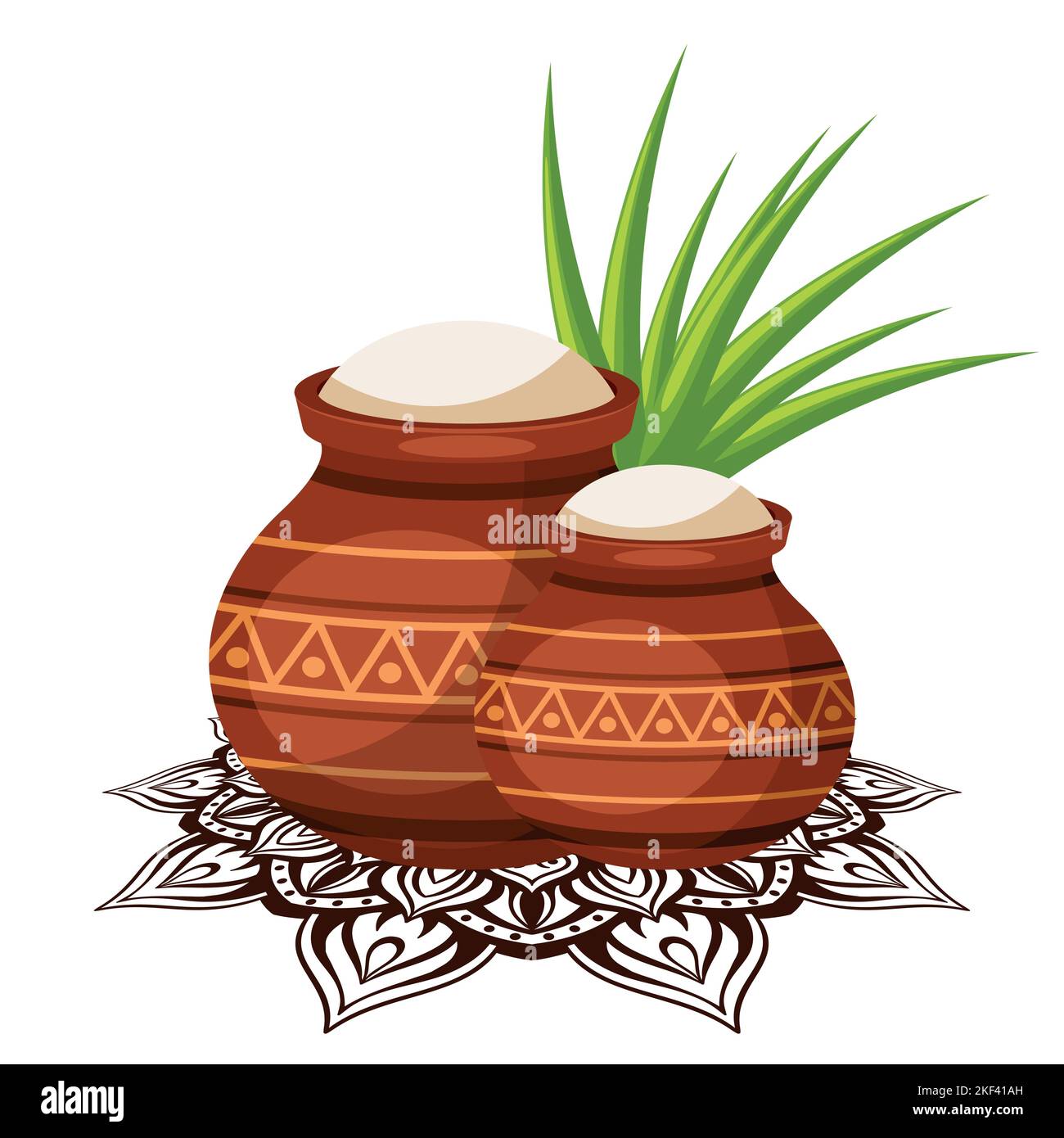 Traditionelle Tontöpfe mit Reis und Zuckerrohr für Happy Pongal Erntefest-Karte mit Mandala-Hintergrund Stock Vektor