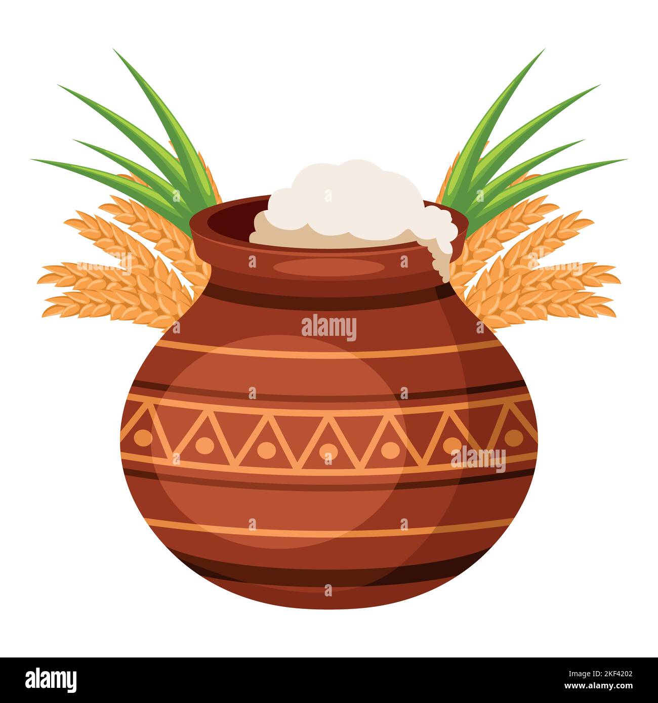 Traditioneller Tontopf mit Reis, Zuckerrohr und Weizen für Happy Pongal Erntefest-Karte Stock Vektor