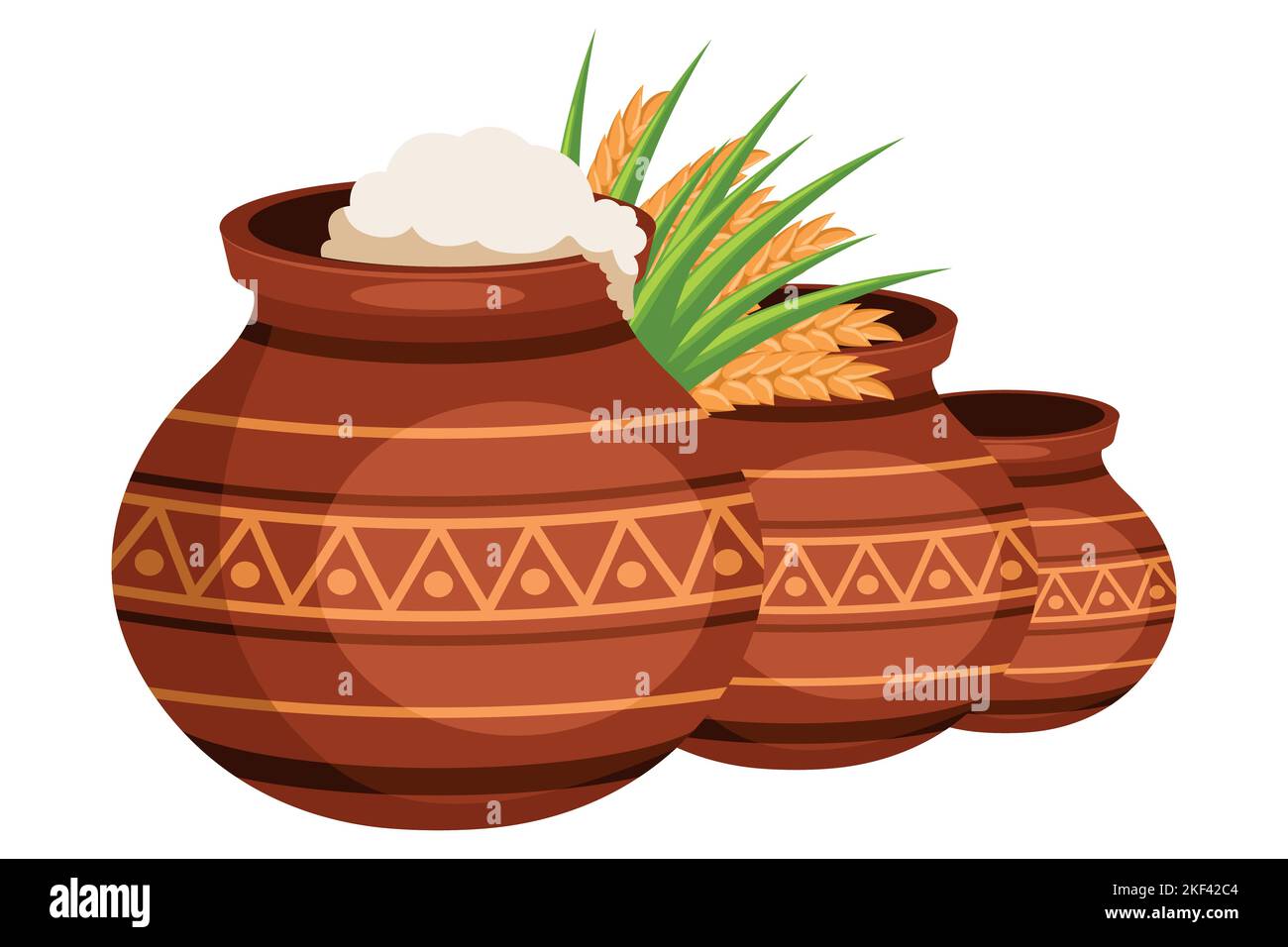Traditionelle Tontöpfe mit Reis und Zuckerrohr für Happy Pongal Erntefest-Karte mit Mandala-Hintergrund Stock Vektor