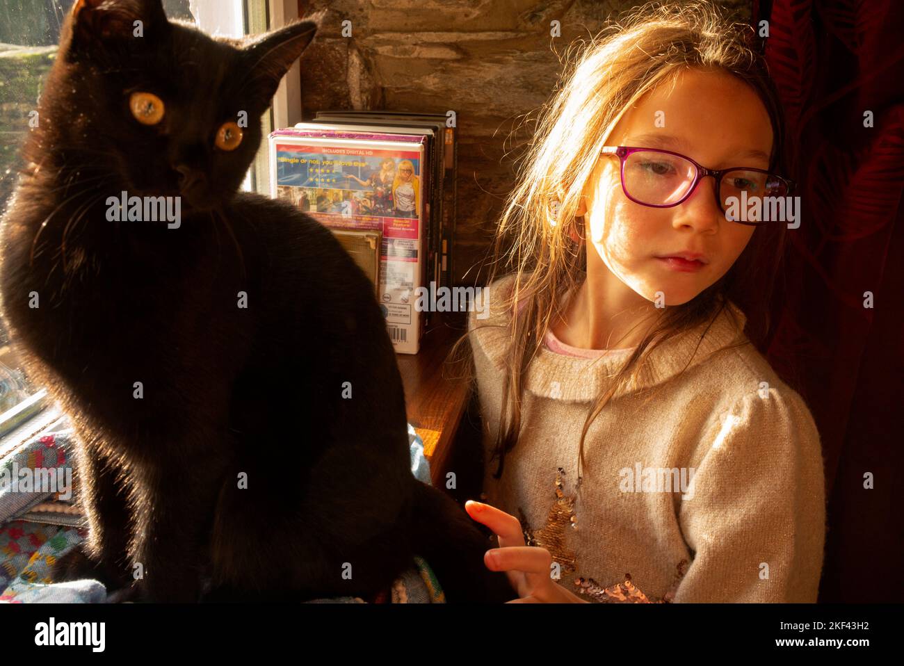 Das 9-jährige Mädchen mit ihrer schwarzen Katze sitzt in einem Fenster im Urlaub in Wales Stockfoto