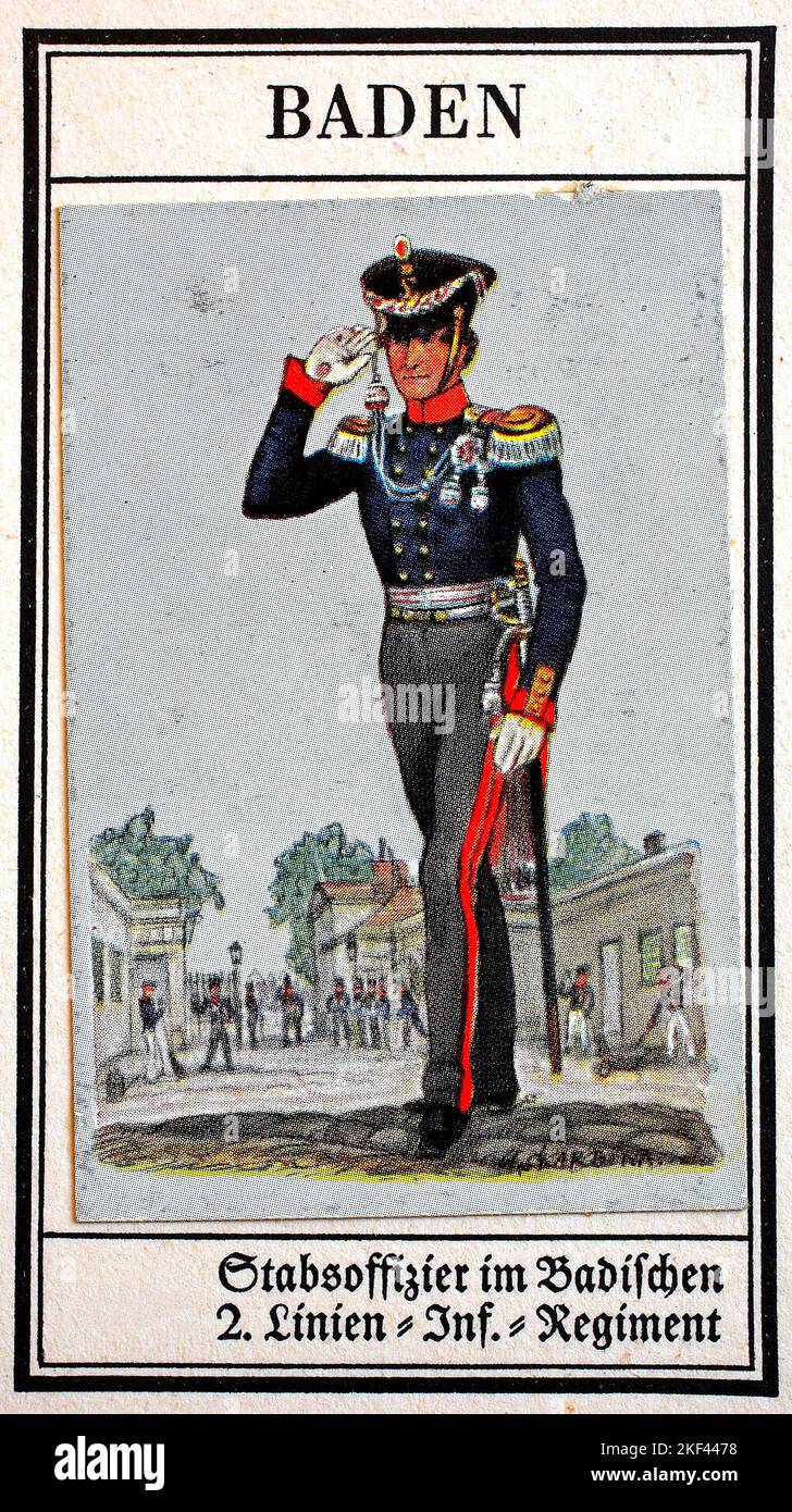 Deutsche Uniformen des 19.. Jahrhunderts, Linien - Infanterie: Baden, Stabsoffizier im Badener Infanterieregiment 2., Historische, digital restaurierte Reproduktion eines öffentlichen Sammlerbildes aus dem frühen 20.. Jahrhundert / Deutsche Uniformen des 19. Jahrhundert, Linien - Infanterie: Baden, Stabsoffizier im badischen 2. Linien-Infanterie-Regiment, Historisch, digital restaurierte Produktion eines gemeinsamen Sammelbildes aus dem frühen 20. Jahrhundert Stockfoto