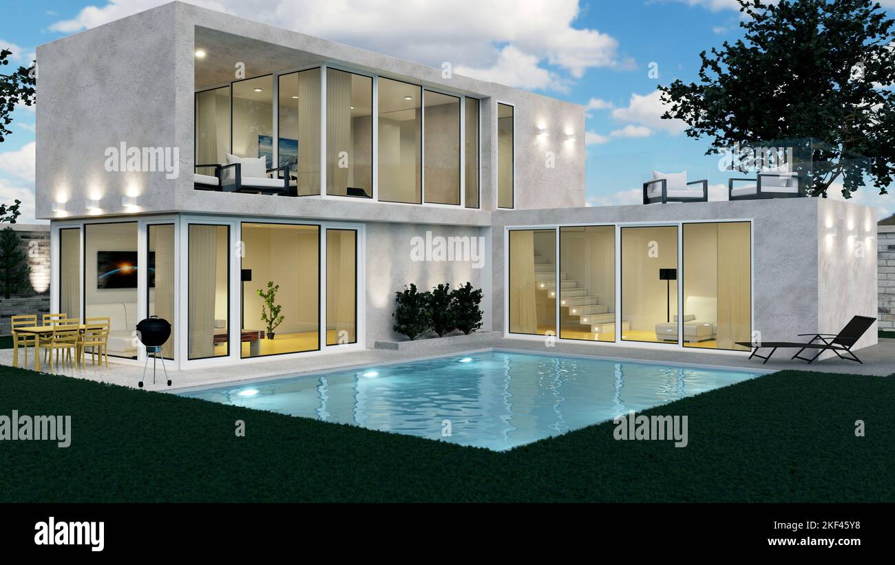 Modernes Haus auf dem Relief. Außen. Abendliche Beleuchtung der Fassade. Haus mit Pool und großer Terrasse. Moderne Architektur. 3D illustrative Stockfoto