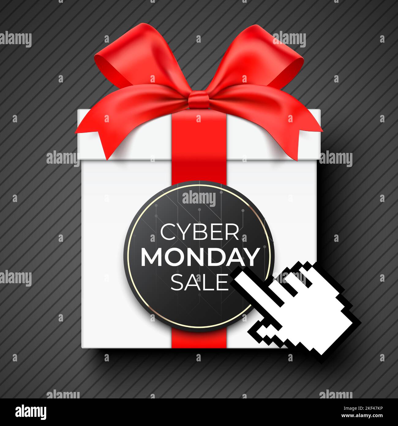 Cyber Monday Online-Shopping Banner Vektor-Design, mit Maus-Cursor Hand auf eine Geschenkbox, mit rotem Satinband und einem schwarzen runden Tag verpackt. Stock Vektor