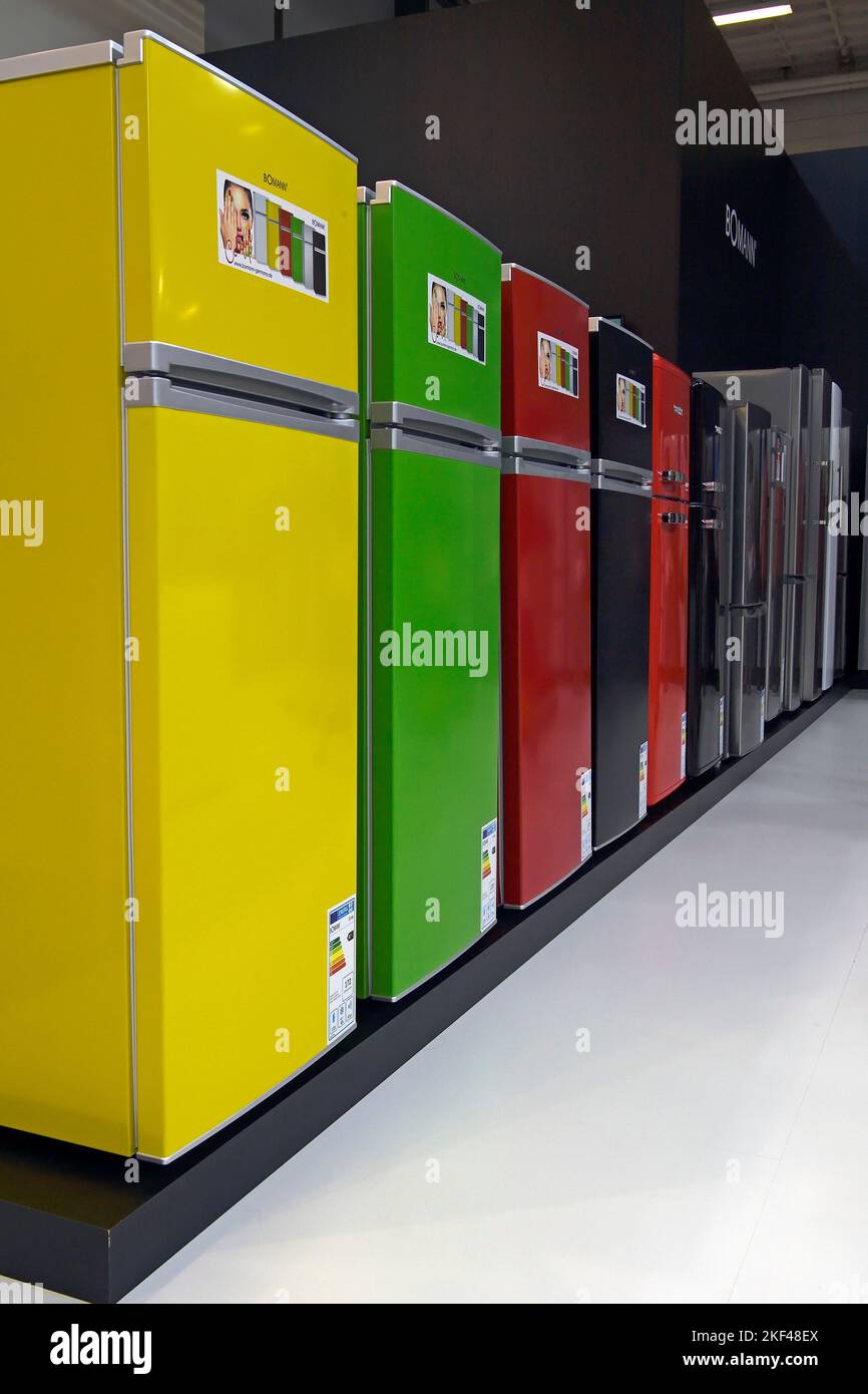 bunte Kühlschränke der Firma Bomann, Internationale Funkausstellung IFA, 2017, Berlin, Deutschland Stockfoto