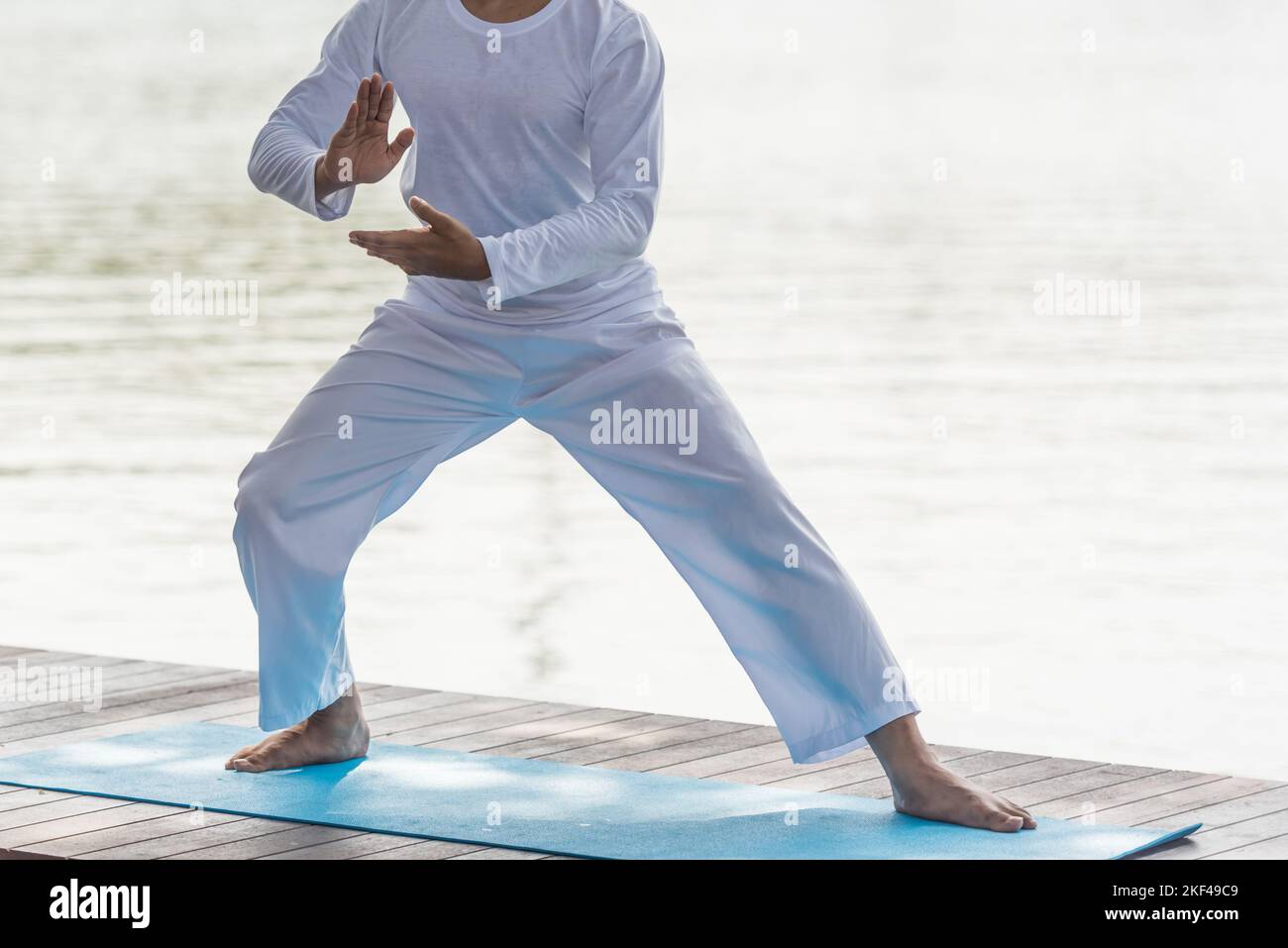 Junger Mann, der im Park das traditionelle Tai Chi Chuan, Tai Ji und Qi gong praktiziert, für ein gesundes, traditionelles chinesisches Kampfkunstkonzept auf natürlichem Rücken Stockfoto