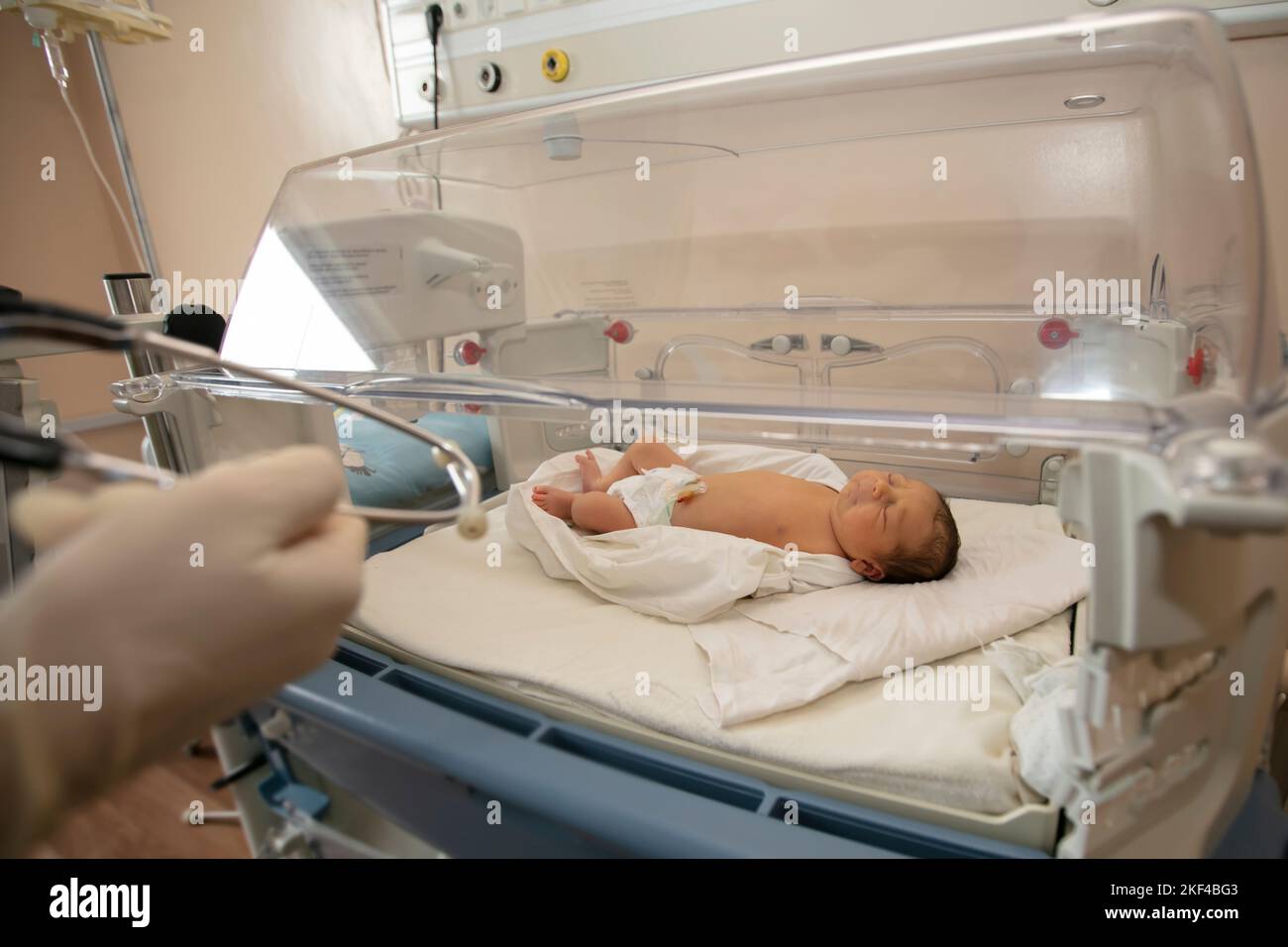 Neonatologie. Ein Neugeborenes in einem speziellen Inkubator für Babys in einem Krankenhaus. Stockfoto