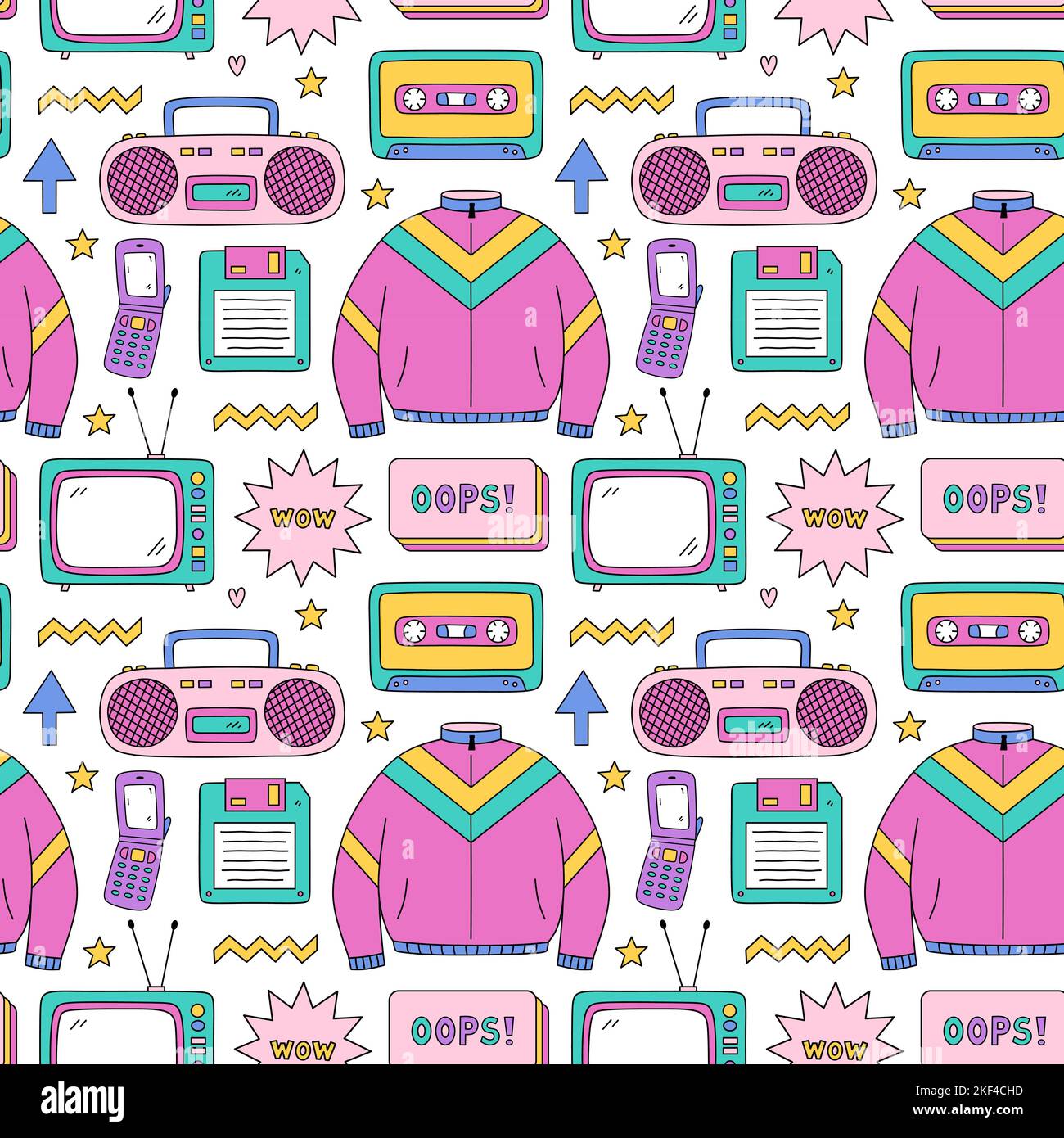 Helles, nahtloses Muster mit Artikeln aus den neunziger Jahren - Retro-Kassettenband und Musik-Boombox, Sportjacke, Flip-Phone, Diskette, tv und Stars auf weißem Hintergrund. Nostalgie für die 1990s. Stock Vektor