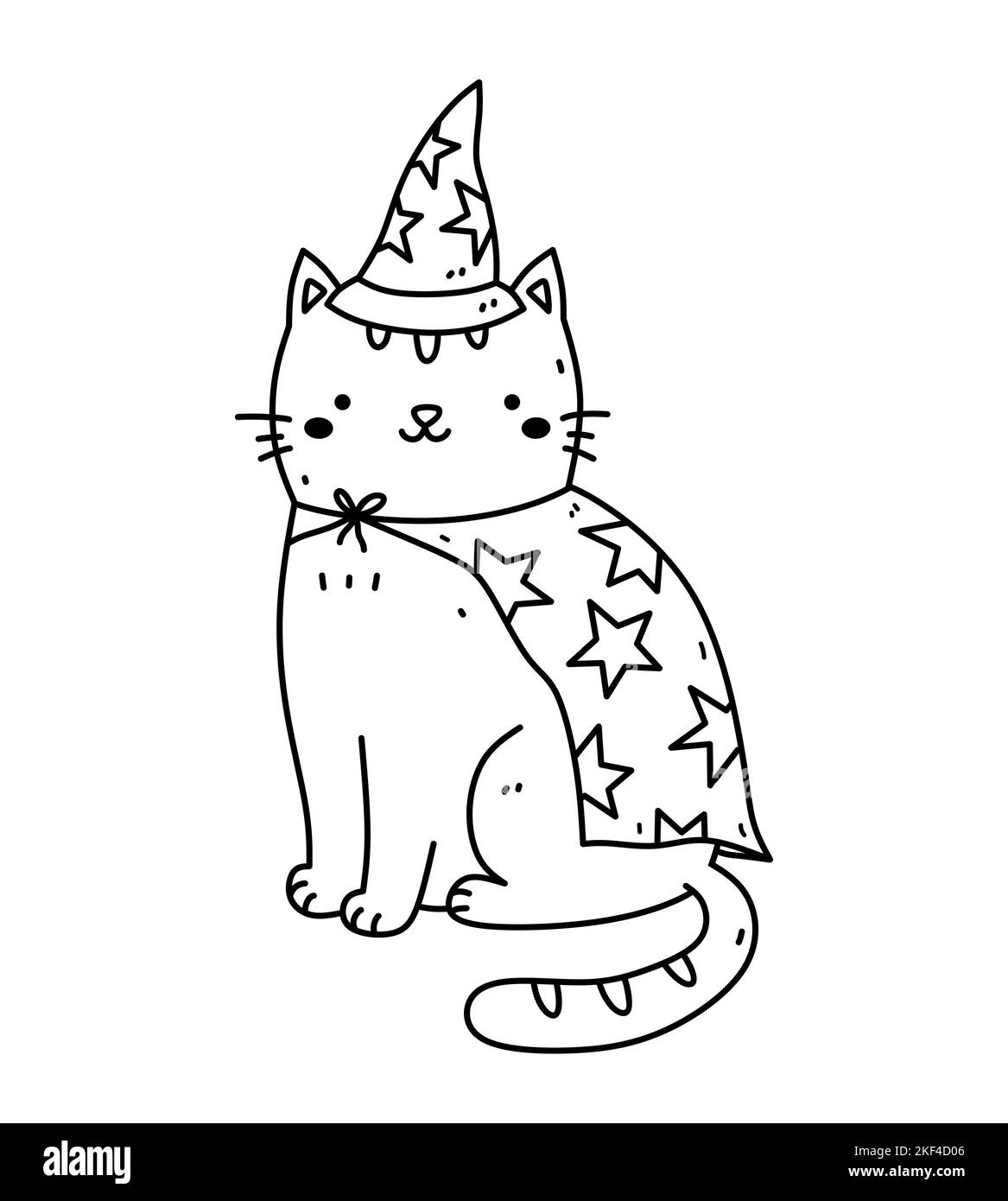 Nette Zauberer Katze isoliert auf weißem Hintergrund. Vektor-handgezeichnete Illustration im Doodle-Stil. Kawaii-Charakter. Perfekt für Karten, Dekorationen, Logos und verschiedene Designs. Stock Vektor