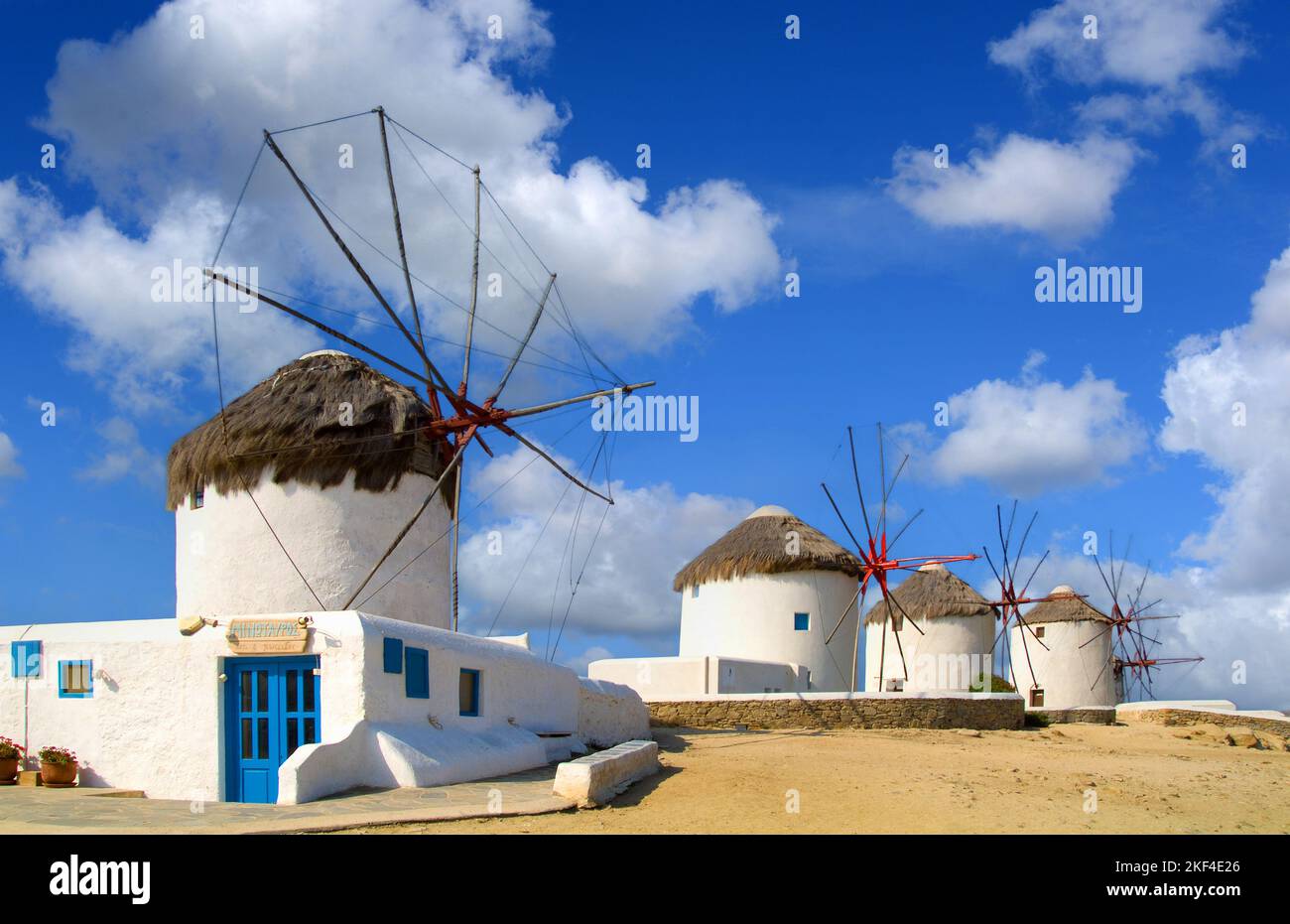 Windmühle auf Mykonos, Kykladen, Griechische Inseln, Griechenland, Insel in der Ägäis, Nebenmeer, Mittelmeer, Stockfoto