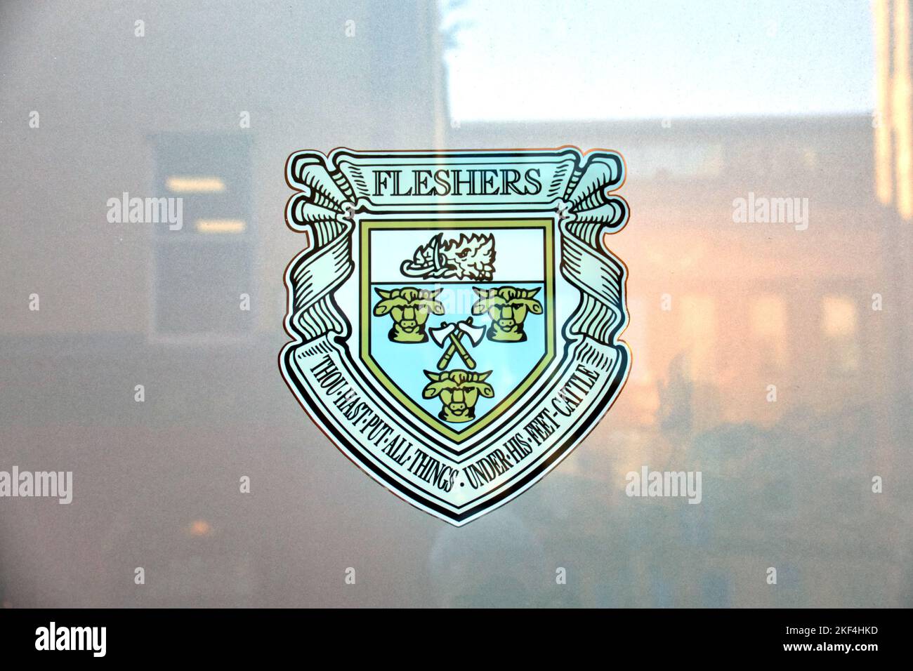 Trades Hall Glasgow Nahaufnahme des Wappens für Fleischer oder Metzger von Handelsgilden Stockfoto