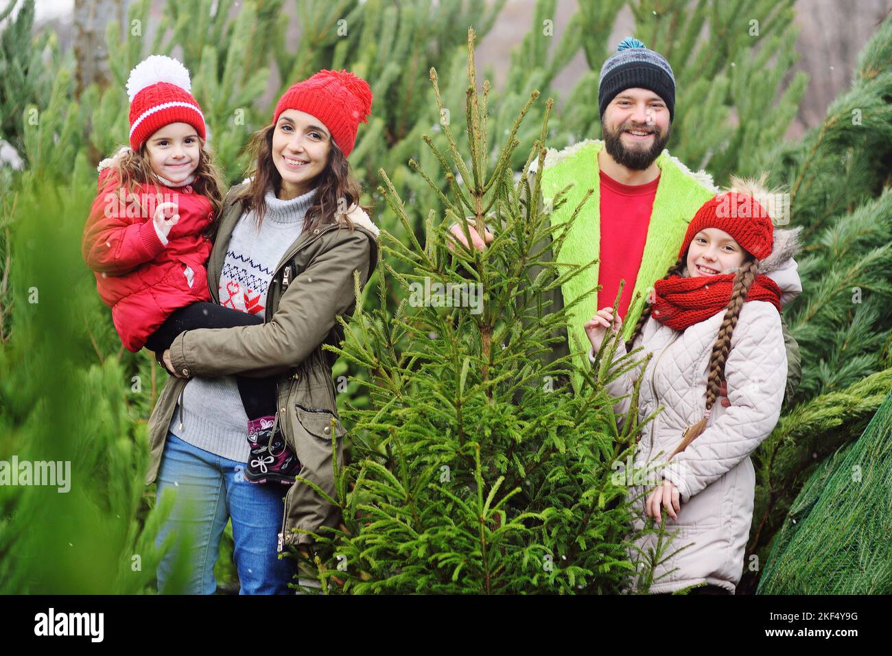 Junge Familie – Eltern und zwei Töchter lächeln vor dem Hintergrund eines Weihnachtsbaumshopfes. Vorbereitung auf Weihnachten. Stockfoto