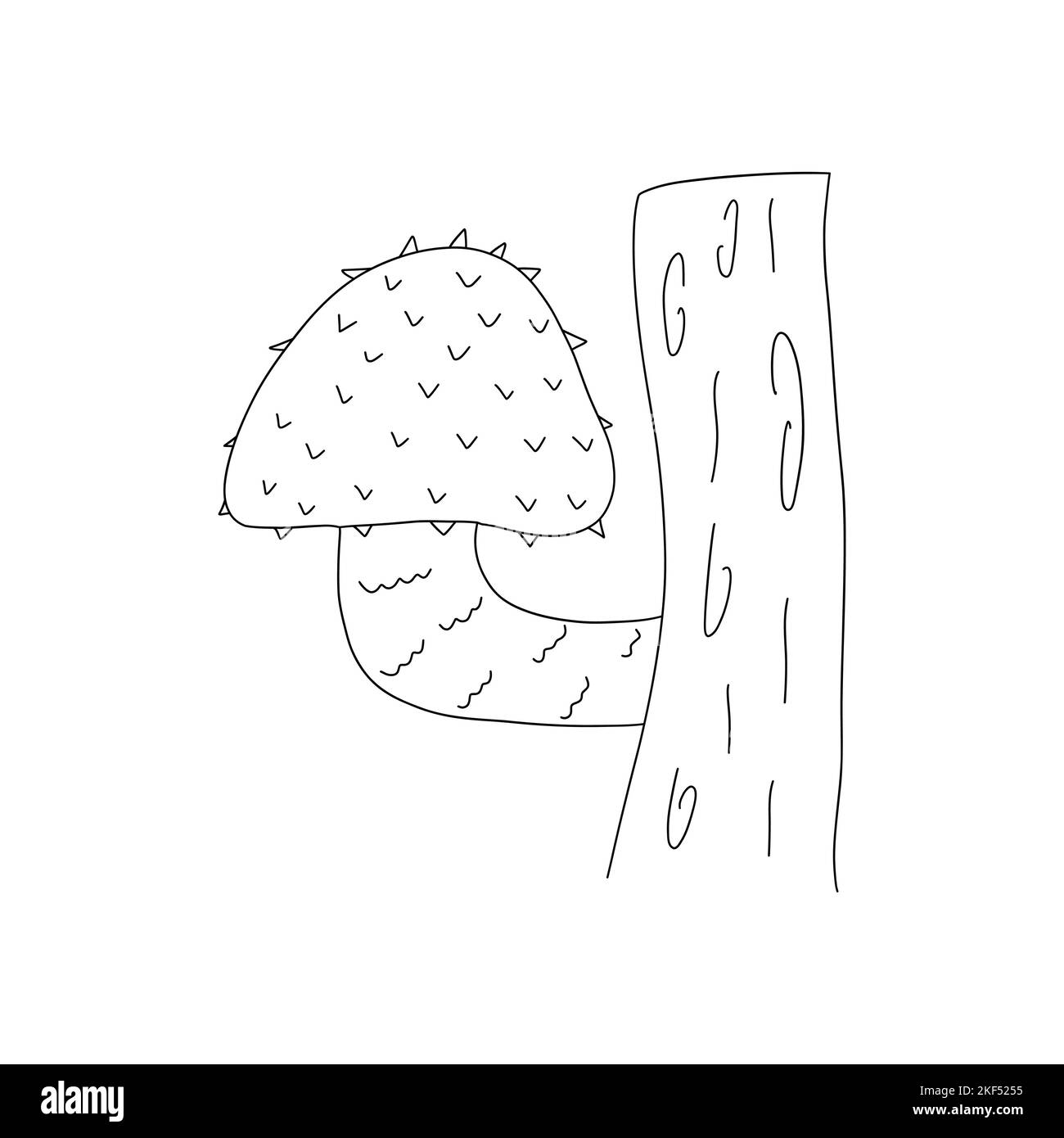 Der raue Pilz wächst auf einem Baumstamm. Vektor schwarz-weiß isolierte Illustration Hand gezeichnete Doodle. Einfache Karte oder Druck Stock Vektor