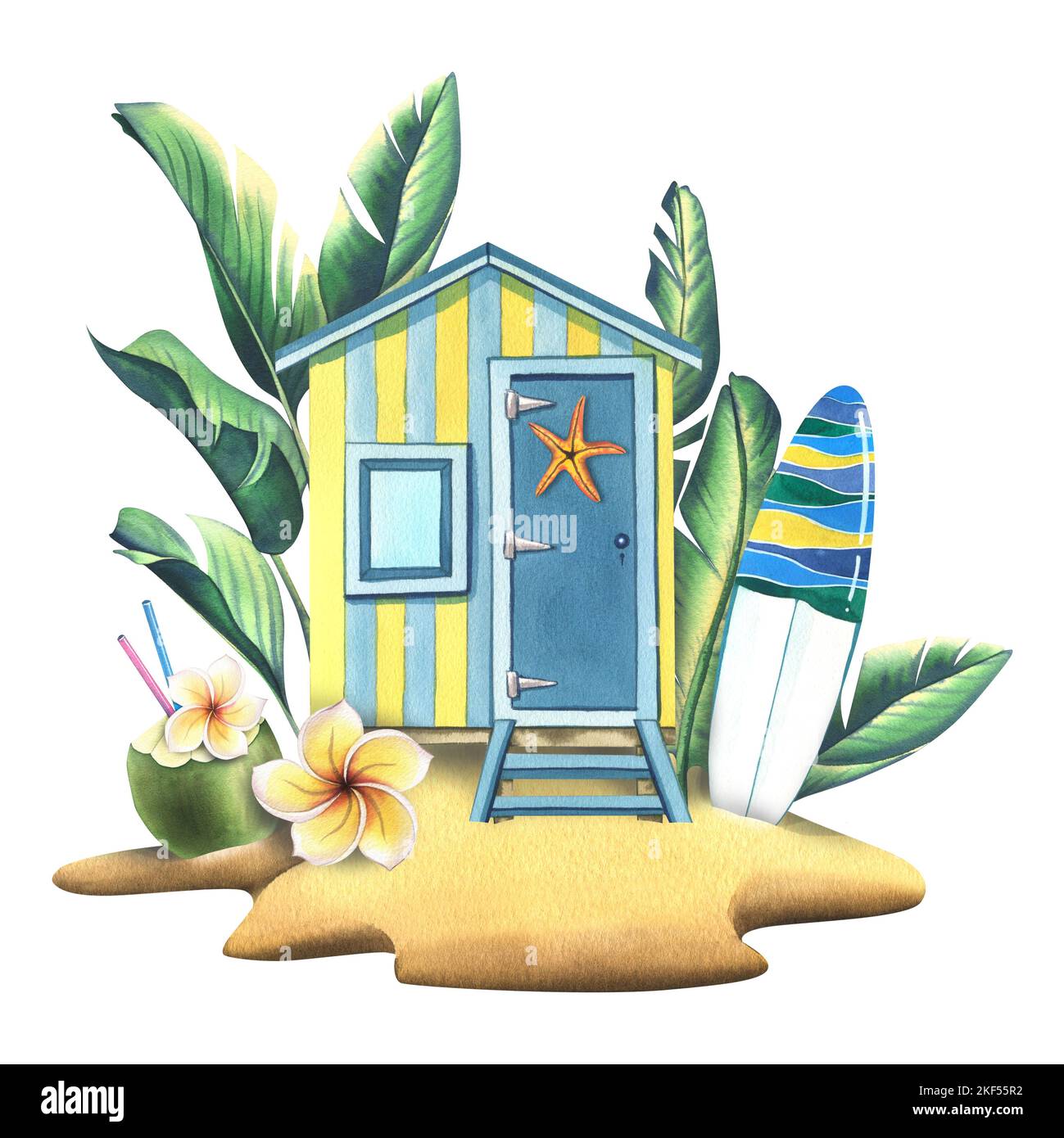 Strandhaus aus Holz auf einer Insel mit tropischen Blättern, Surfbrett, Kokosnuss-Cocktail, Plumeria-Blume und Seesternen. Aquarelldarstellung. Zusammensetzung Stockfoto